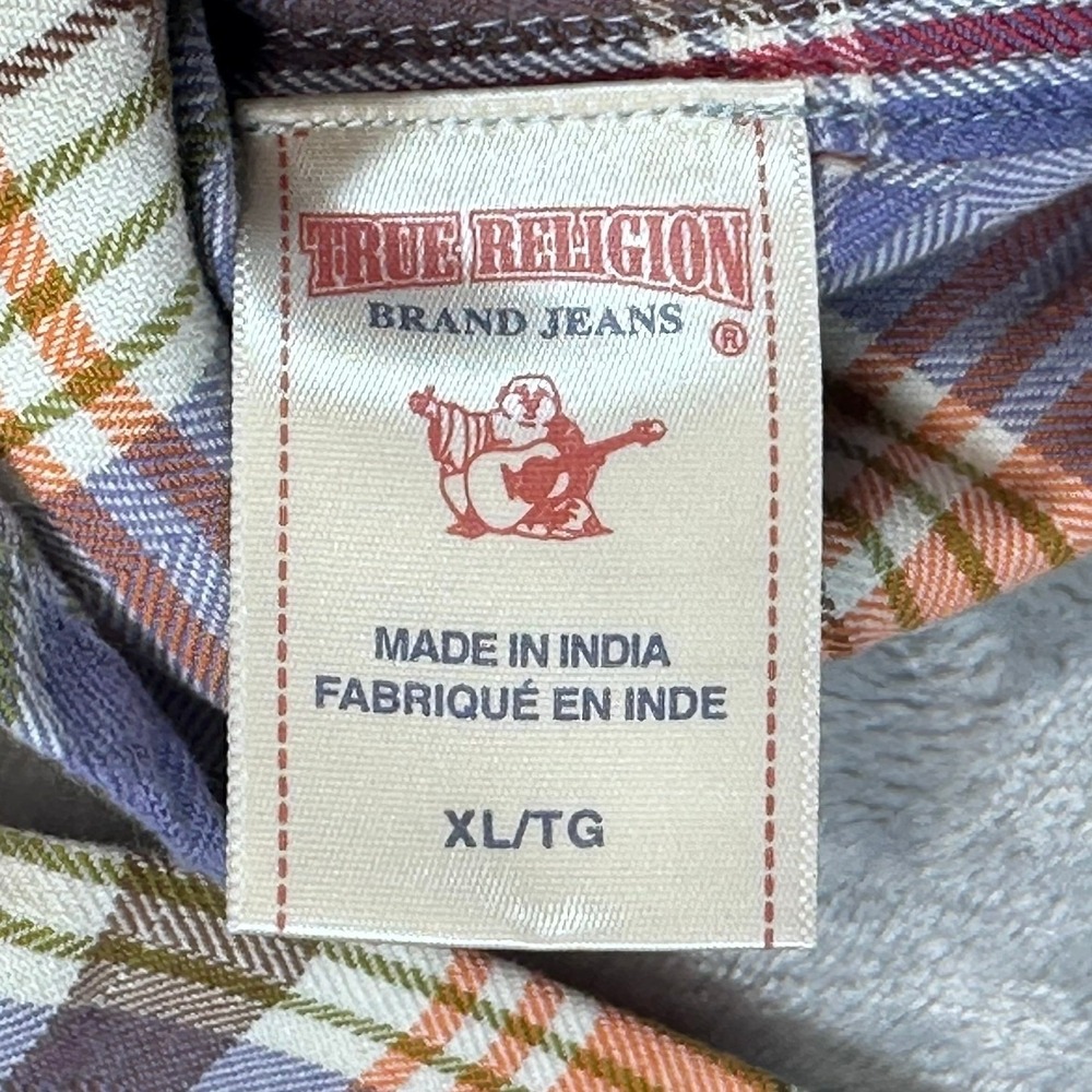 True Religion Service Co Flannel Shirt XL Blue Plaid Back Graphic Embroidered - Picture 9 of 11